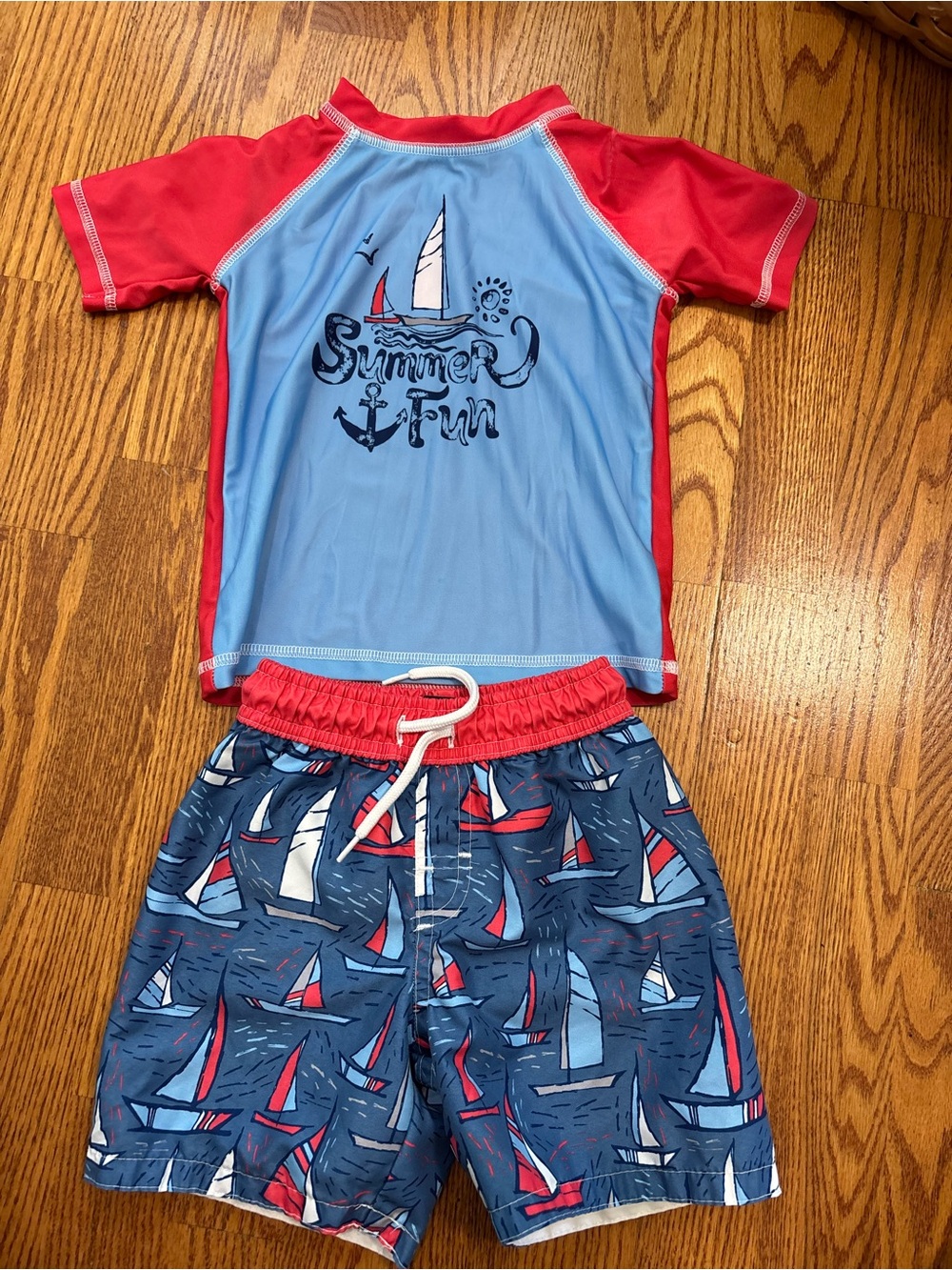 Caribbean Joe sailboat swimsuit trunks Rashad 2T boy red white blue 4th of July